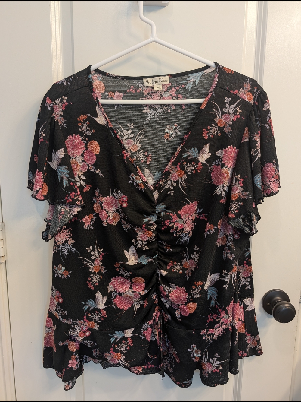 Indigo Rose Floral Print Peplum Blouse, Size 3X - Black with Pink Flowers